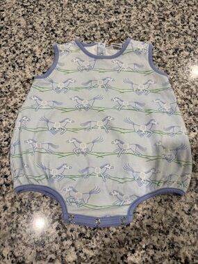 The Beaufort Bonnet Company Pastel Blue Baby Romper with Horse Print